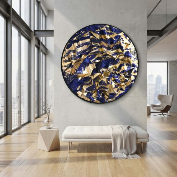 Tondo-Wandskulptur „Aspen Nights“ mit goldenen und blauen Strukturen – Kunstwerk von NONOS, 2023, zeitgenössisch und einzigartig