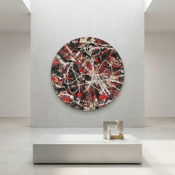 Runde Mixed-Media-Wandskulptur „Kosmos“ von NONOS in Rot, Schwarz und Weiß – Durchmesser 150 cm, zeitgenössisch und einzigartig