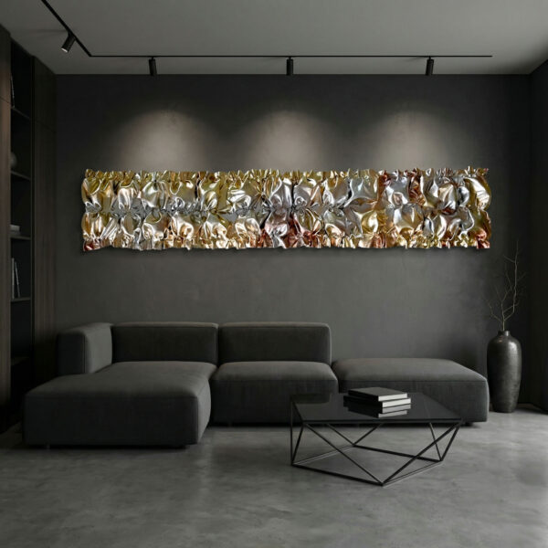 “Die Schöpfung” is a monumental abstract wall installation by NONOS, extending across space with a flowing, organic form language. The work evokes tectonic movement, water currents, and elemental natural forces. Shimmering blue and gold surfaces create depth, light reflections, and a powerful spatial presence. As a large-scale wall piece, “Die Schöpfung” merges sculpture, painting, and architecture, making it a striking artwork for museums, expansive interiors, corporate spaces, and curated art collections.