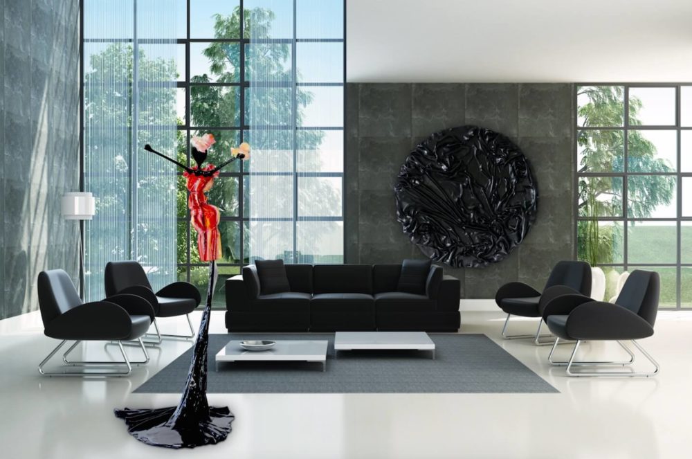 rot, schwarze Skulptur_rundes, schwarzes Wandobjekt_Interior Design | Nonos