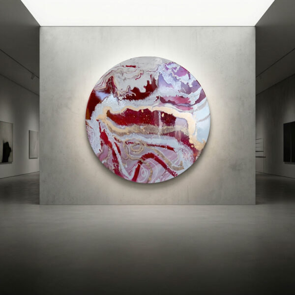 Runde Wandskulptur „Pink Dreams“ von NONOS, lebendiges Farbspiel in Rosa-, Gold- und Violetttönen – 2020