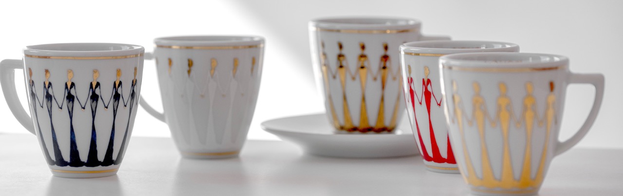 Espressotassen aus Porzellan_Stay together_blau, gold, weiß, rot | Nonos