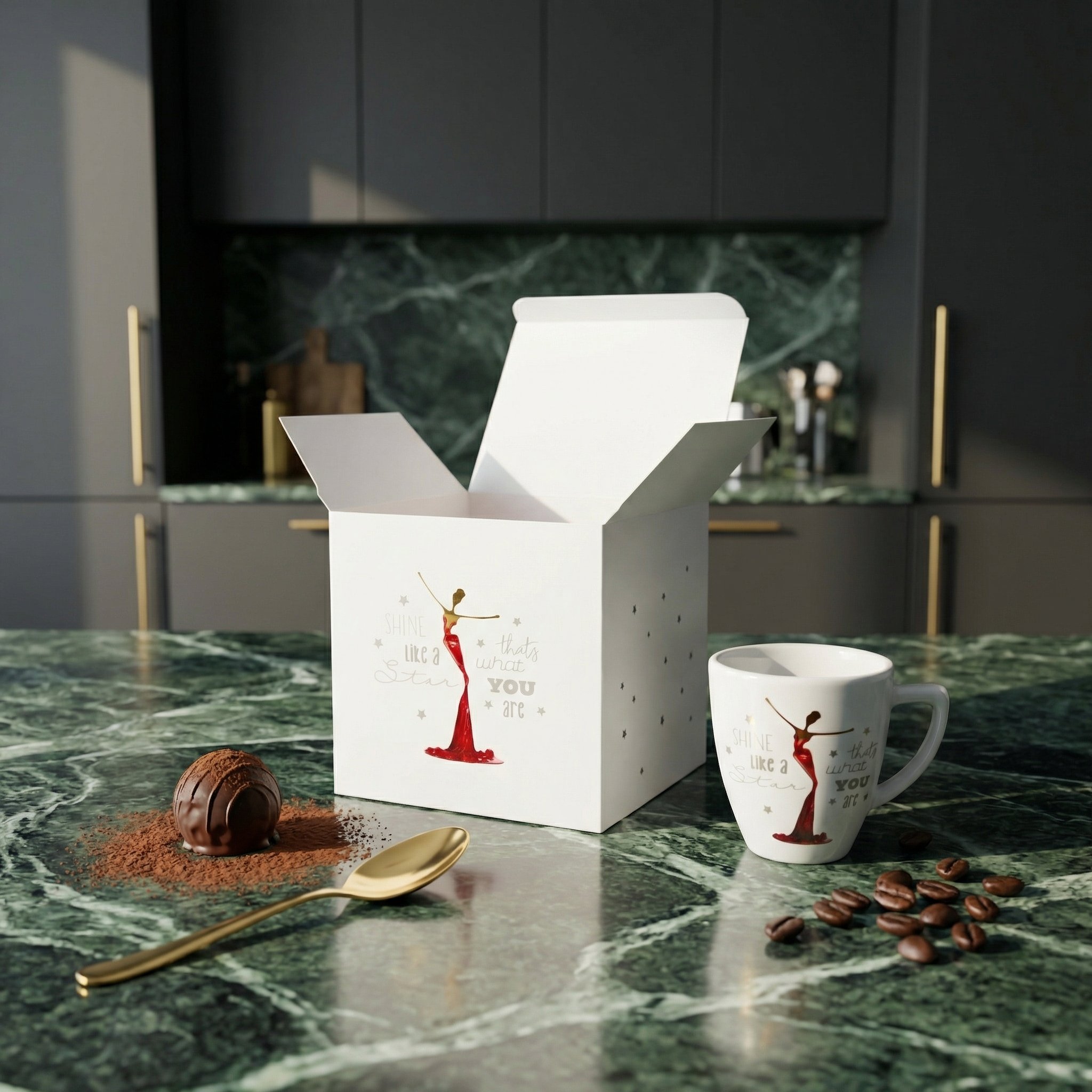 Espresso cup “Shine Like a Star”, limited edition designer espresso cup with artistic illustration by NONOS, stylish porcelain cup with saucer, coffee being poured, close-up view.