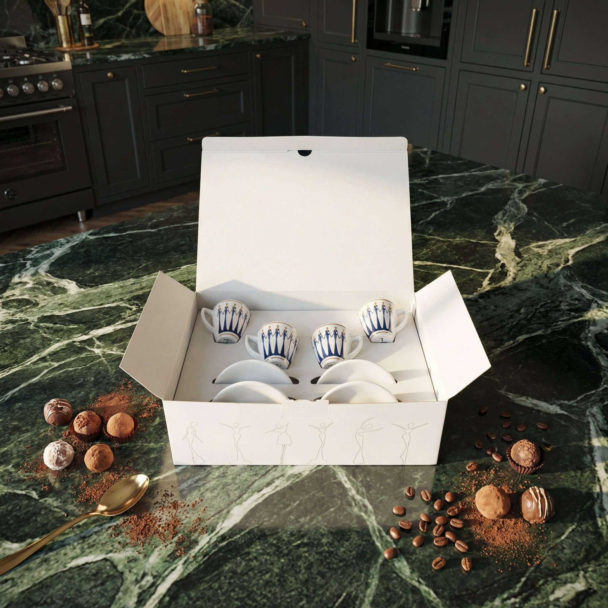 schachtel auf grünem Marmor-1769608047792 (1) 4er-Set Espresso-Tassen von NONOS, stilvolles Design-Set aus Porzellan mit vier Espressotassen und Untertassen, hochwertig verpackt, Design-Espressotassen für stilvolle Kaffeerituale.