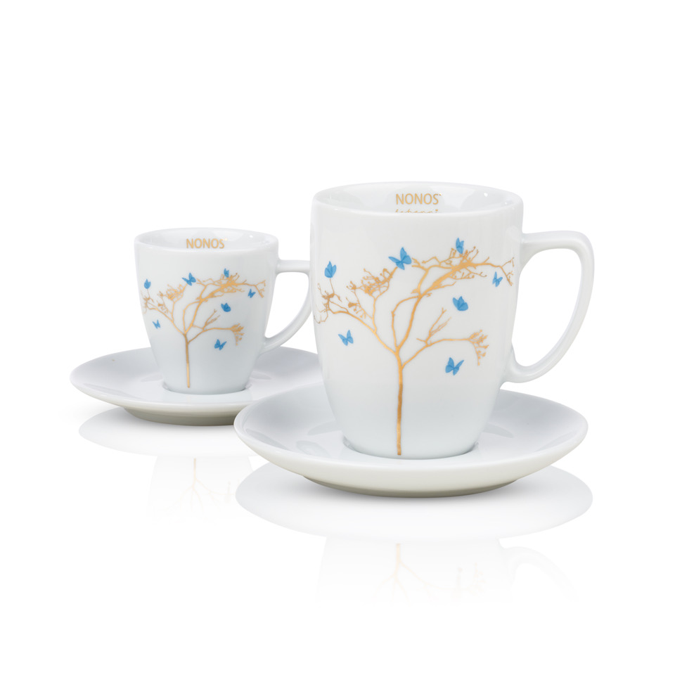 Espresso Tasse und Tee Tasse von NONOS Welte mit türkisen Schmetterlingen und goldenem Baum