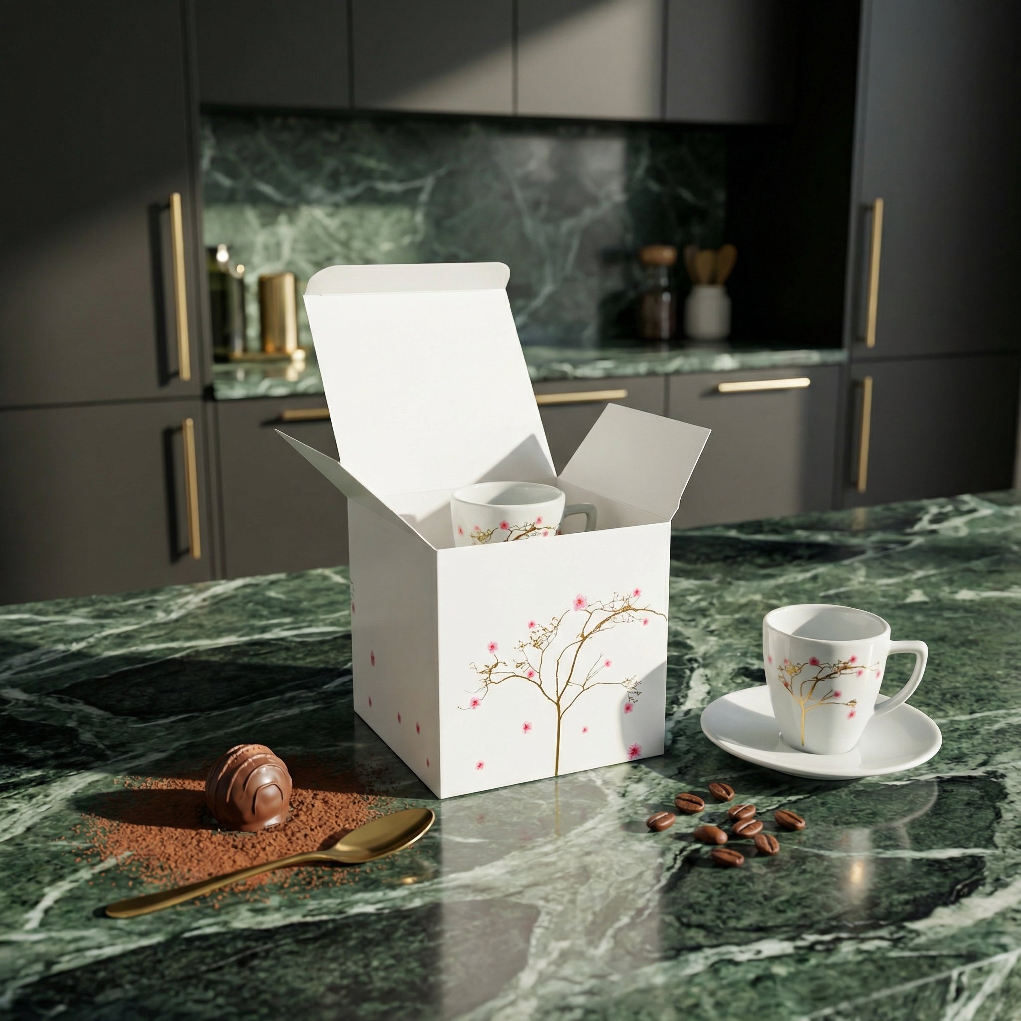 Espresso cup “Kirschblüte”, elegant designer espresso cup made of porcelain with delicate cherry blossom illustration by NONOS, cup and saucer on marble surface, refined coffee setting.