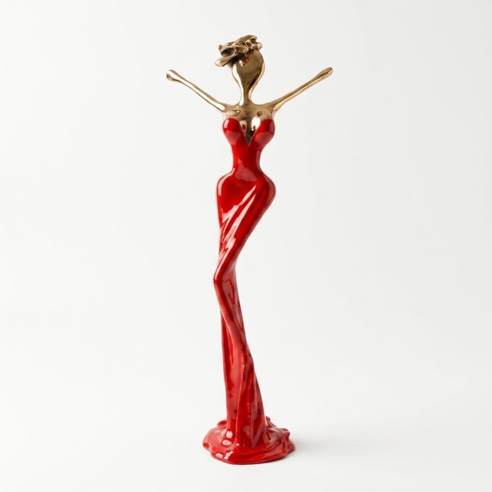 Rote Venus Bronzeskulptur von NONOS – handgefertigtes Kunstobjekt mit kraftvoller Farbwirkung und fließender Form